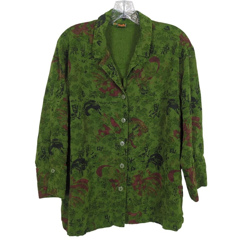 Vintage Tianello Green Womens Blouse XS 100% Tencel Button Front Asian Inspired